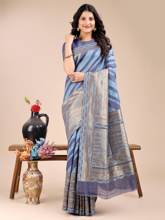 Blue Cotton Saree With Blouse Piece