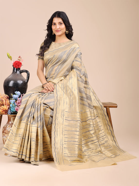 Cream Cotton Saree With Blouse Piece