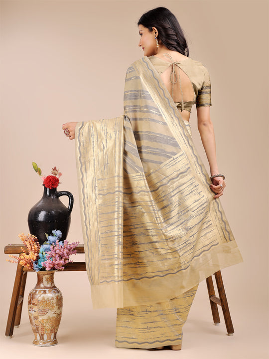 Cream Cotton Saree With Blouse Piece