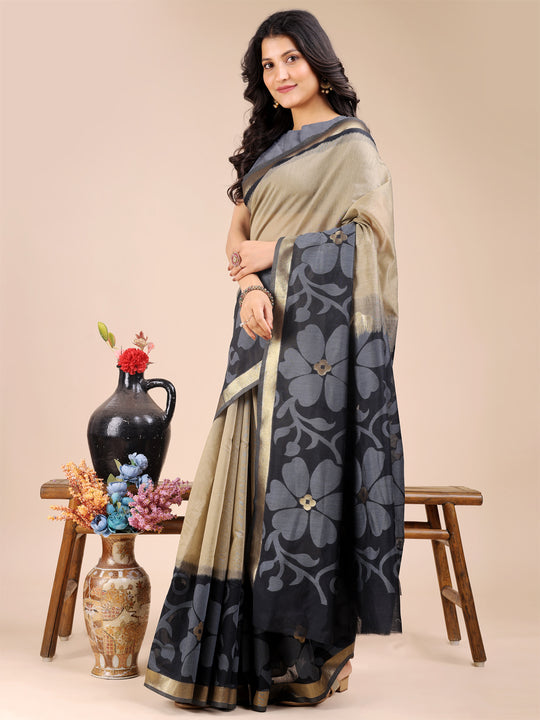 Cream & Black Cotton Saree With Blouse Piece