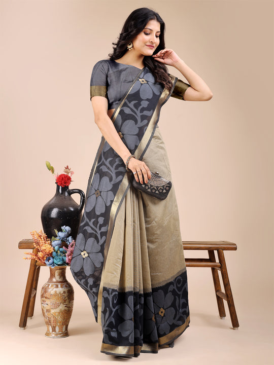 Cream & Black Cotton Saree With Blouse Piece