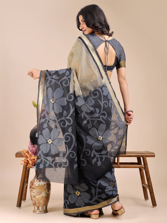 Cream & Black Cotton Saree With Blouse Piece
