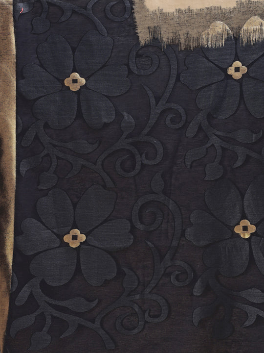 Cream & Black Cotton Saree With Blouse Piece