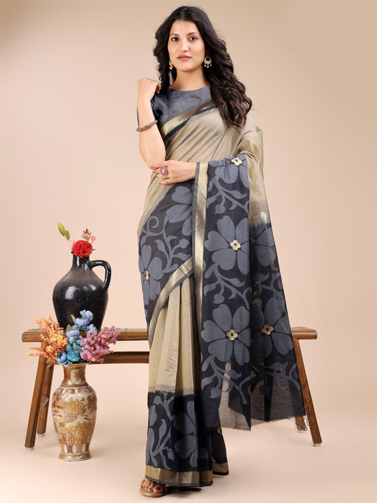 Cream & Black Cotton Saree With Blouse Piece