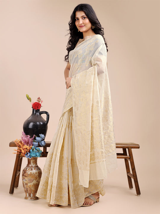 Off White Cotton Saree With Blouse Piece
