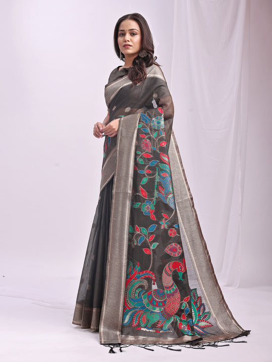 Grey Linen Cotton Saree With Blouse Piece
