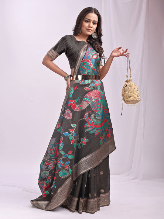 Grey Linen Cotton Saree With Blouse Piece
