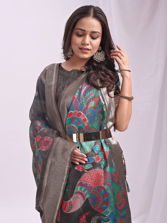 Grey Linen Cotton Saree With Blouse Piece