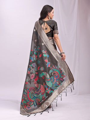 Grey Linen Cotton Saree With Blouse Piece