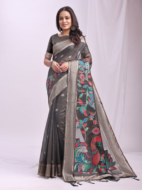 Grey Linen Cotton Saree With Blouse Piece