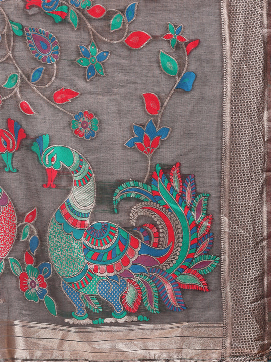 Grey Linen Cotton Saree With Blouse Piece