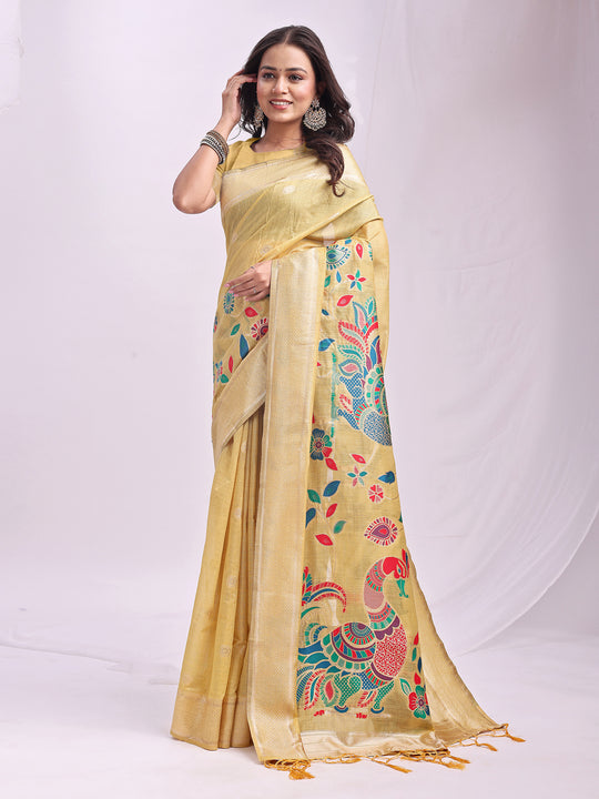 Yelllow Linen Cotton Saree With Blouse Piece