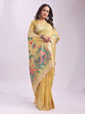 Yelllow Linen Cotton Saree With Blouse Piece