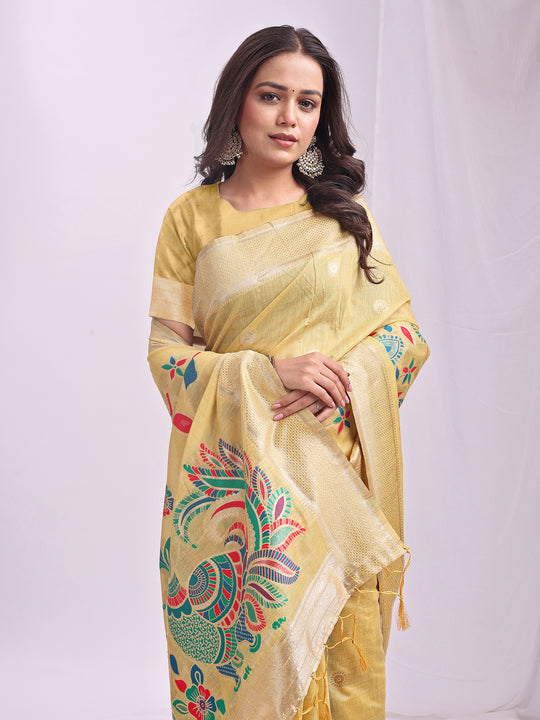 Yelllow Linen Cotton Saree With Blouse Piece