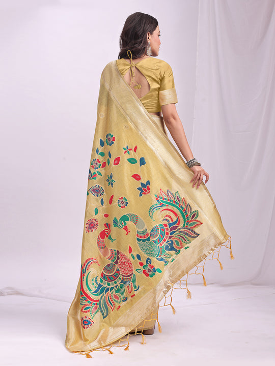 Yelllow Linen Cotton Saree With Blouse Piece