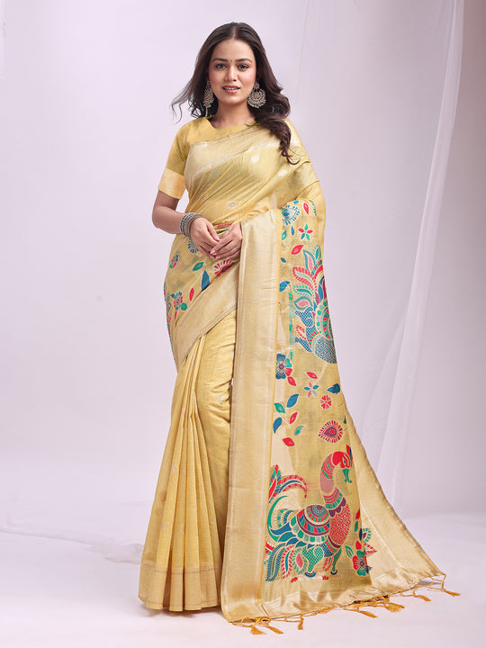 Yelllow Linen Cotton Saree With Blouse Piece