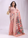 Peach Linen Cotton Saree With Blouse Piece