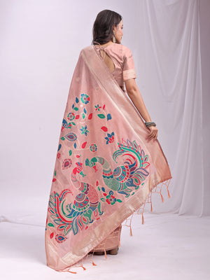Peach Linen Cotton Saree With Blouse Piece
