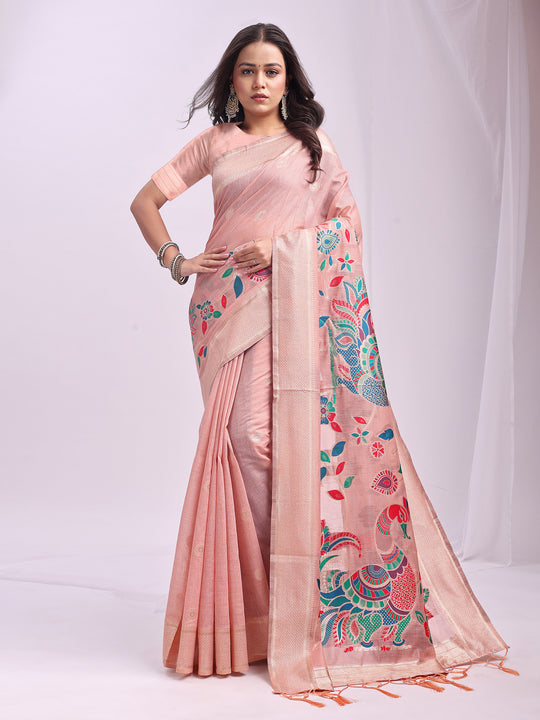 Peach Linen Cotton Saree With Blouse Piece