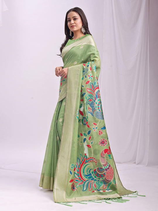 Light Green Linen Cotton Saree With Blouse Piece