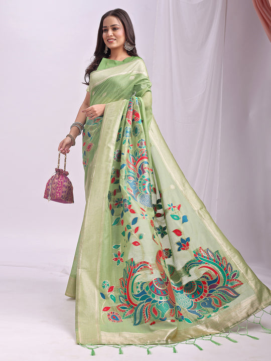 Light Green Linen Cotton Saree With Blouse Piece