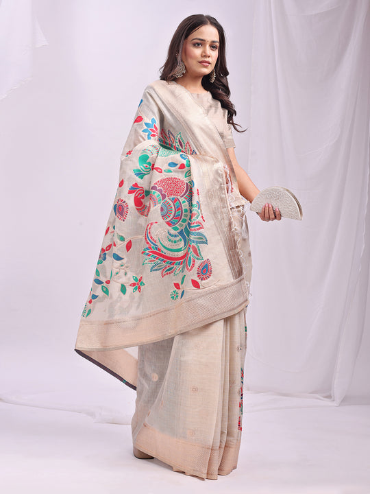 Cream Linen Cotton Saree With Blouse Piece