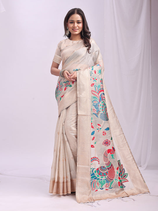 Cream Linen Cotton Saree With Blouse Piece
