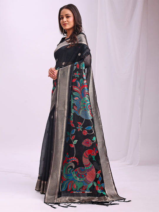 Black Linen Cotton Saree With Blouse Piece