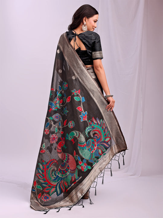 Black Linen Cotton Saree With Blouse Piece
