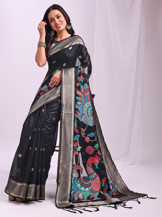 Black Linen Cotton Saree With Blouse Piece