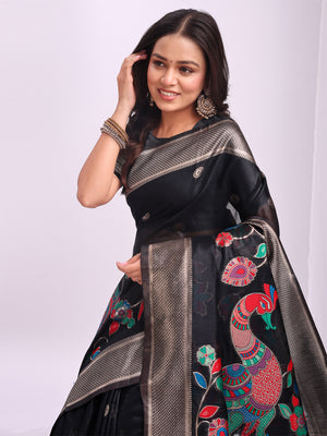 Black Linen Cotton Saree With Blouse Piece