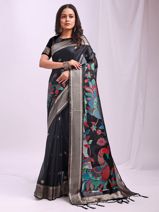 Black Linen Cotton Saree With Blouse Piece