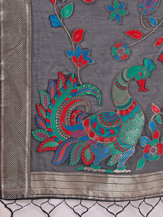 Black Linen Cotton Saree With Blouse Piece