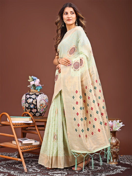 Sea Green Linen Cotton Saree With Blouse Piece
