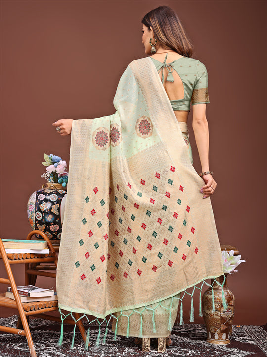 Sea Green Linen Cotton Saree With Blouse Piece