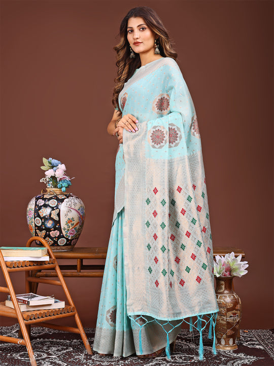 Sky Blue Linen Cotton Saree With Blouse Piece