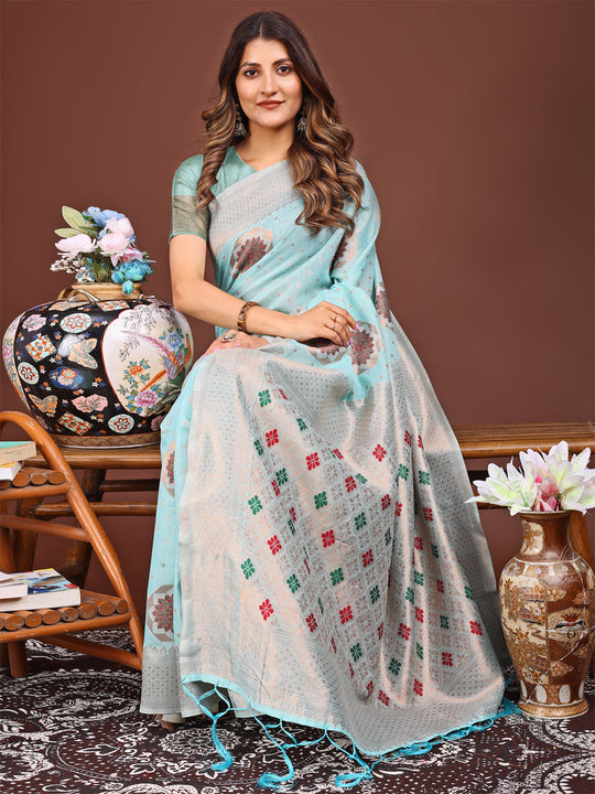 Sky Blue Linen Cotton Saree With Blouse Piece
