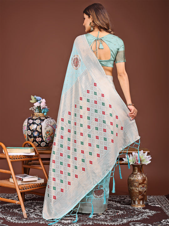 Sky Blue Linen Cotton Saree With Blouse Piece