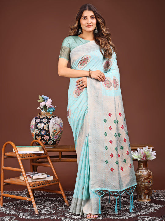 Sky Blue Linen Cotton Saree With Blouse Piece