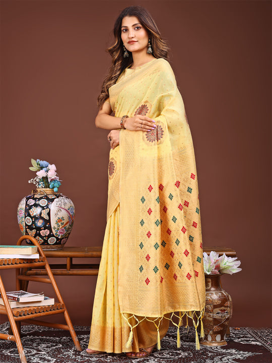 Yellow Linen Cotton Saree With Blouse Piece