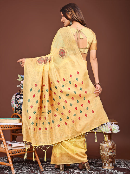 Yellow Linen Cotton Saree With Blouse Piece