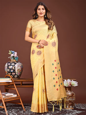 Yellow Linen Cotton Saree With Blouse Piece