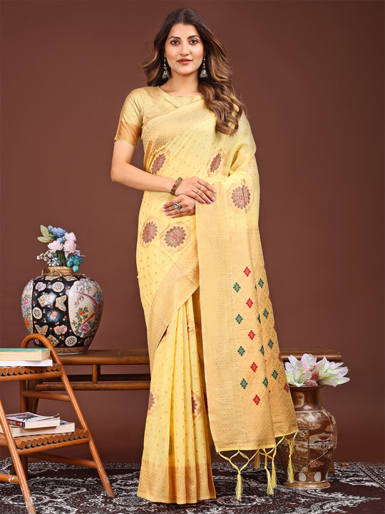 Yellow Linen Cotton Saree With Blouse Piece