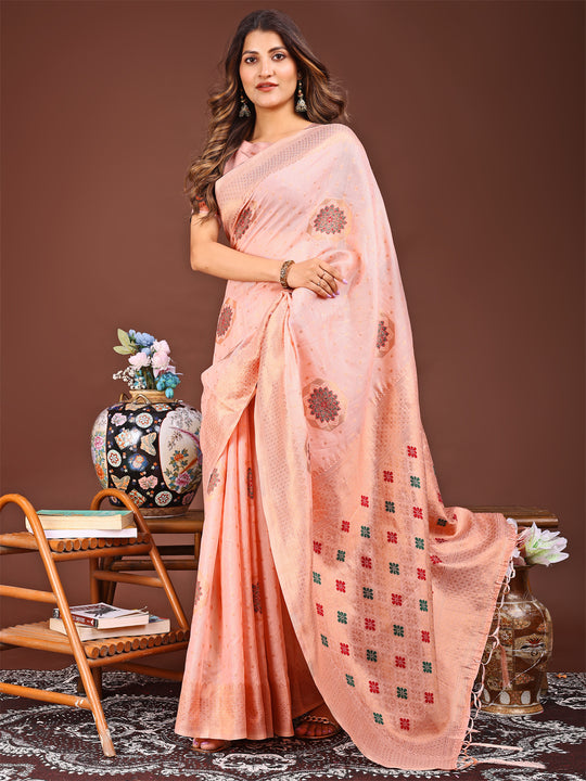 Peach Linen Cotton Saree With Blouse Piece