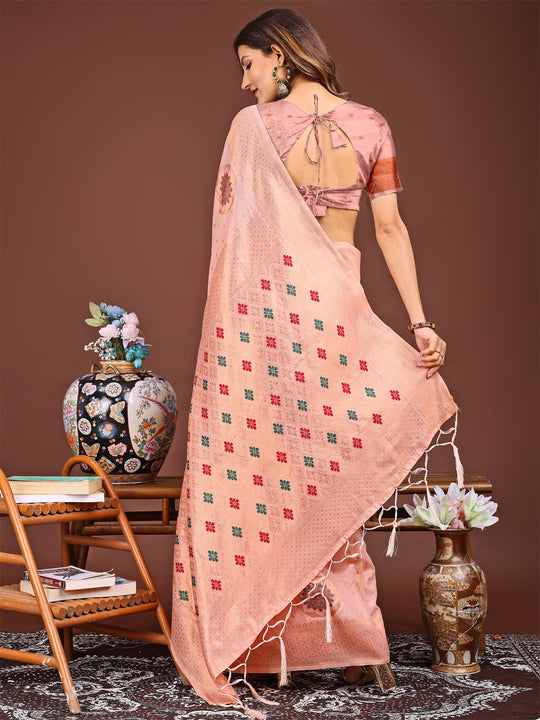 Peach Linen Cotton Saree With Blouse Piece