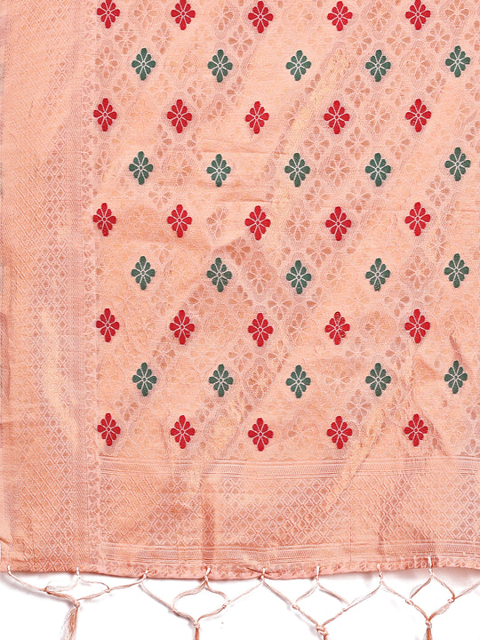 Peach Linen Cotton Saree With Blouse Piece