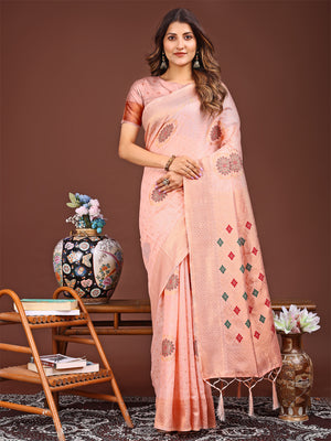 Peach Linen Cotton Saree With Blouse Piece