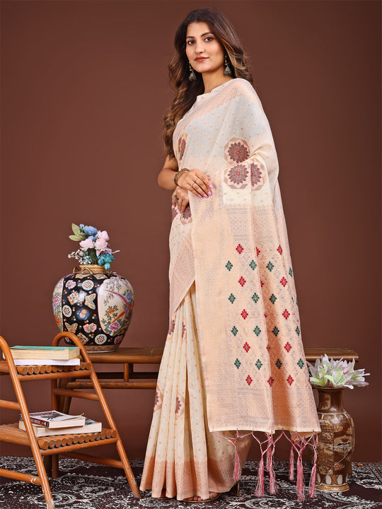White Linen Cotton Saree With Blouse Piece