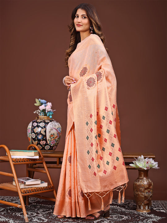 Orange Linen Cotton Saree With Blouse Piece