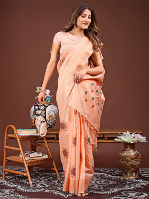 Orange Linen Cotton Saree With Blouse Piece